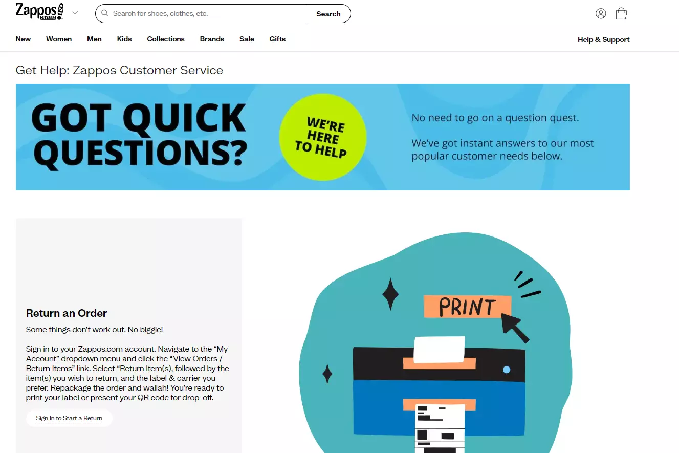 Zappos-Support-Seite mit ihren Support-Optionen