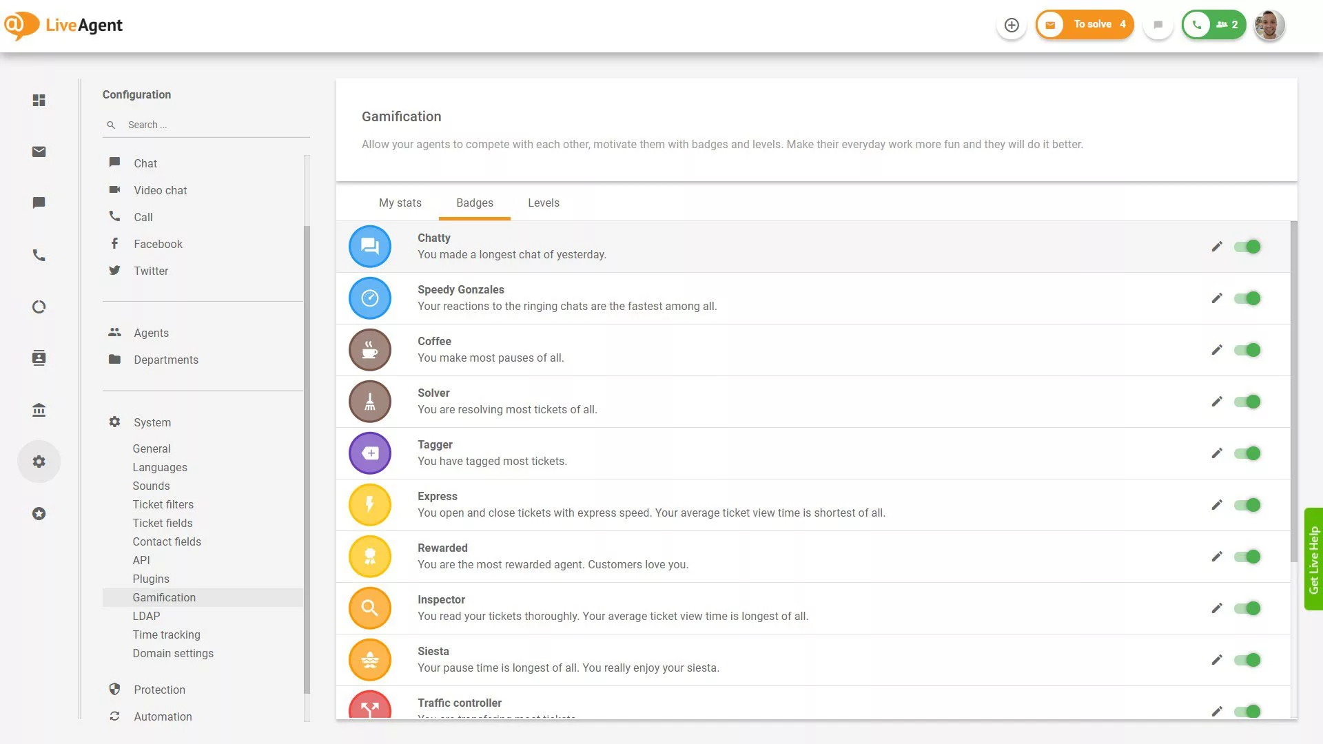 Liste der verfügbaren Badges in LiveAgent