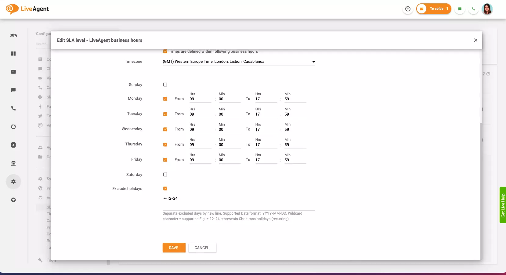 Geschäftszeiten-Einstellung in LiveAgent