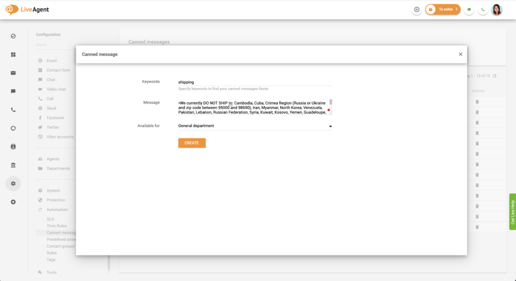 Formular zur Erstellung einer vordefinierten Nachricht