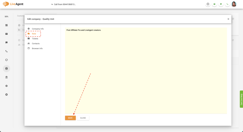 Unternehmensnotiz in LiveAgent
