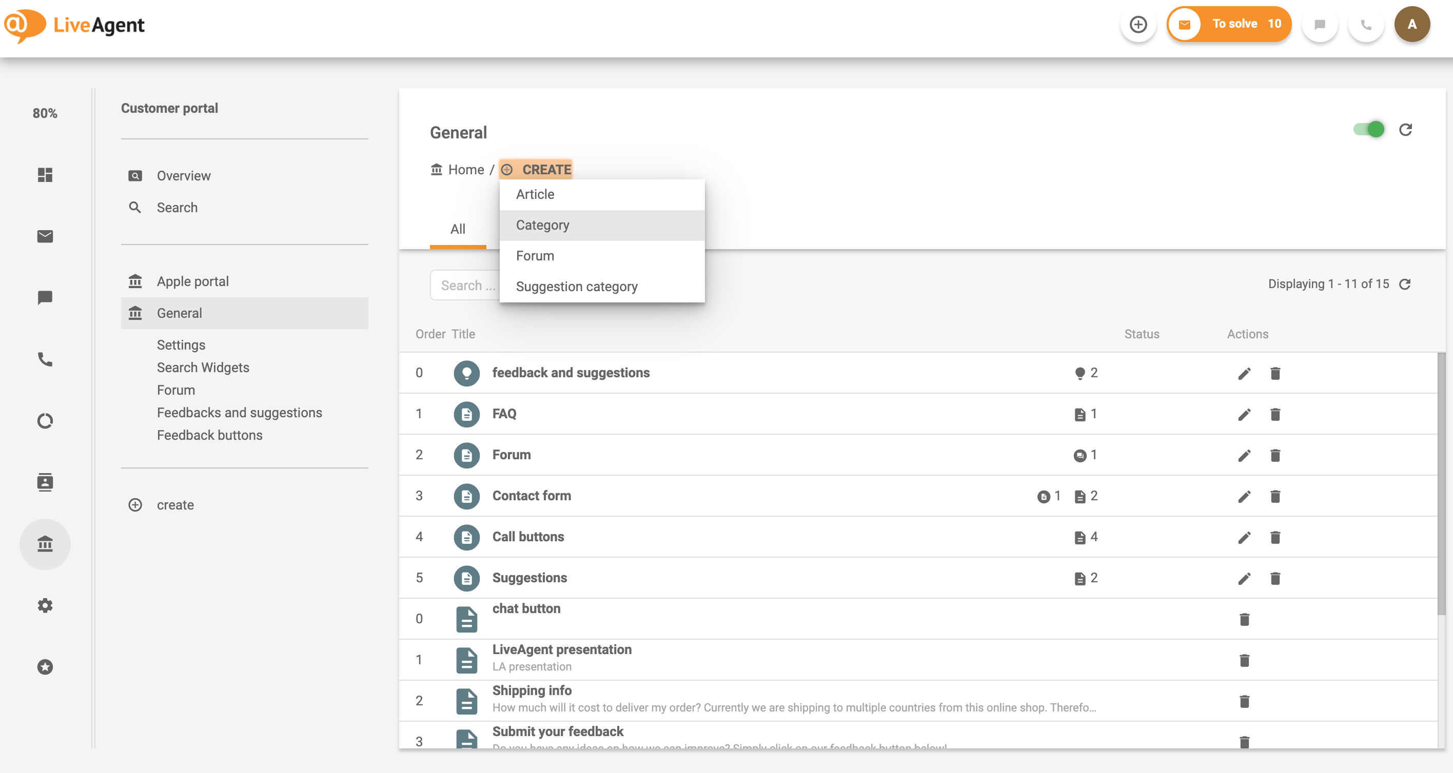 Beispiel für die Erstellung einer Kategorie für das Kundenportal im LiveAgent Wissensdatenbank-System