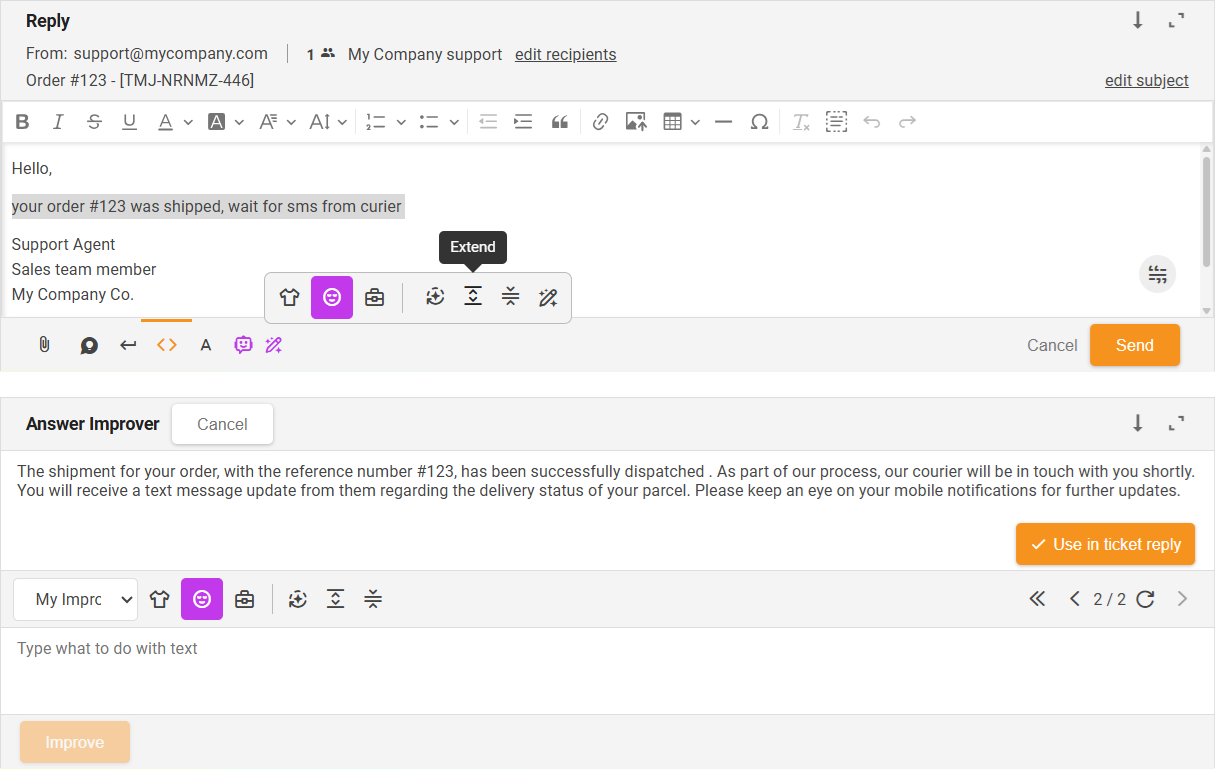 Funktion Erweitern des AI-Antwortverbesserers – Übersicht der Benutzeroberfläche