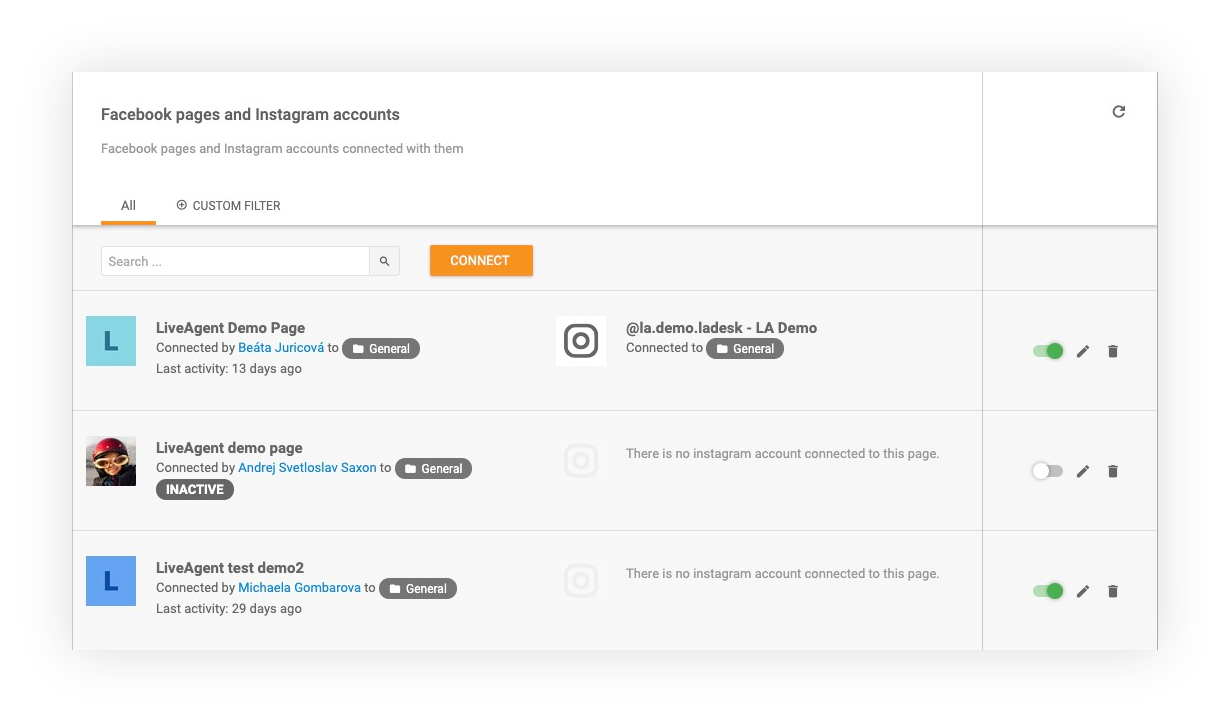 Facebook und Instagram verbunden in LiveAgent