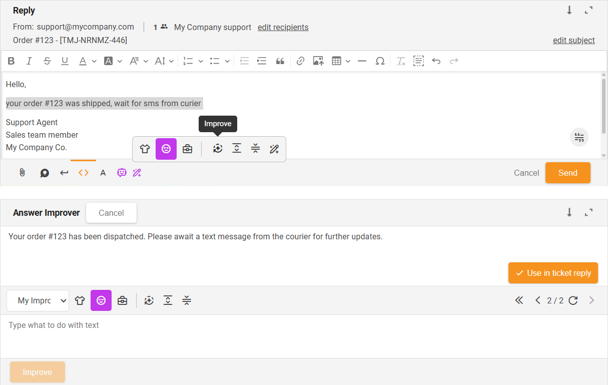 Funktion Verbessern des AI-Antwortverbesserers – Übersicht der Benutzeroberfläche
