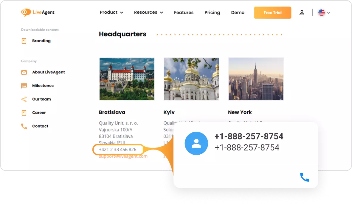 LiveAgents Click-to-call-Kontaktkarte