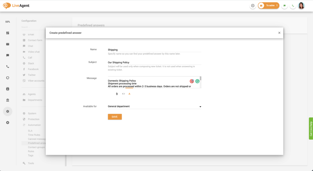 Einrichtung vordefinierter Antworten in LiveAgent