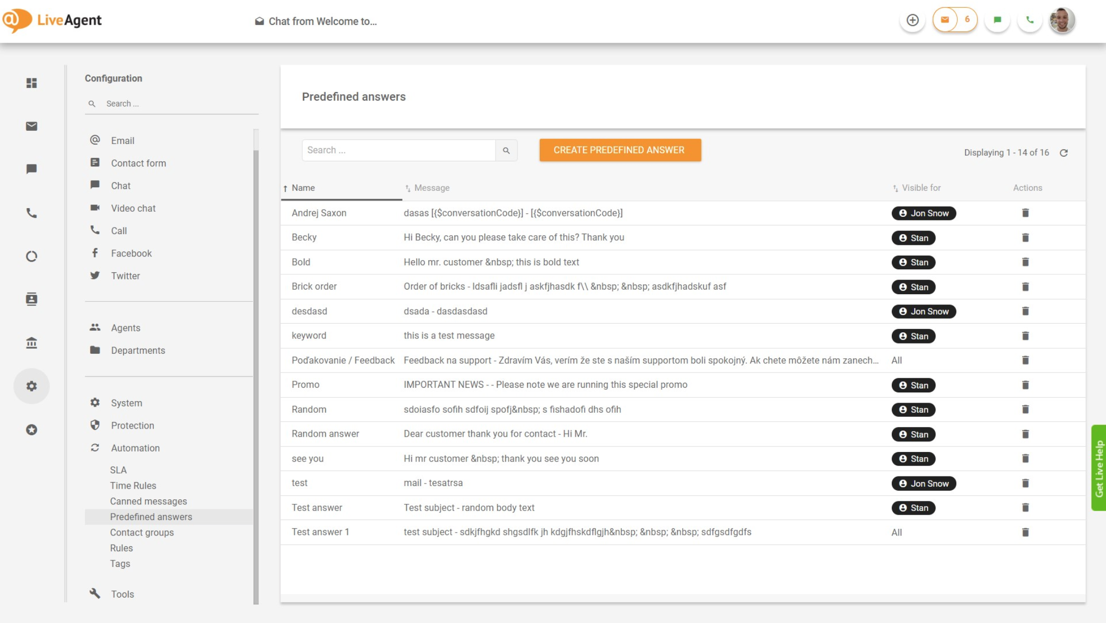 LiveAgent – Übersicht vordefinierte Antworten