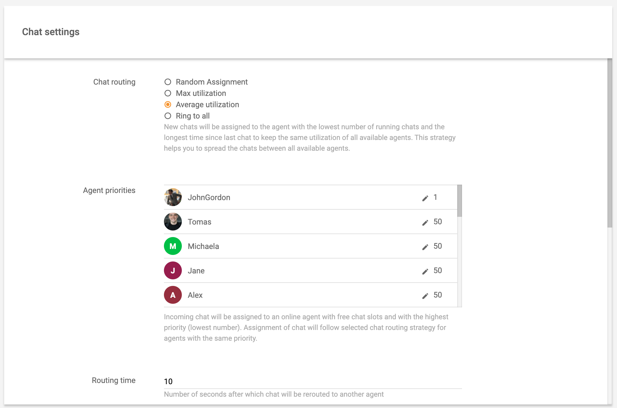 Real-time chat settings routing LiveAgent
