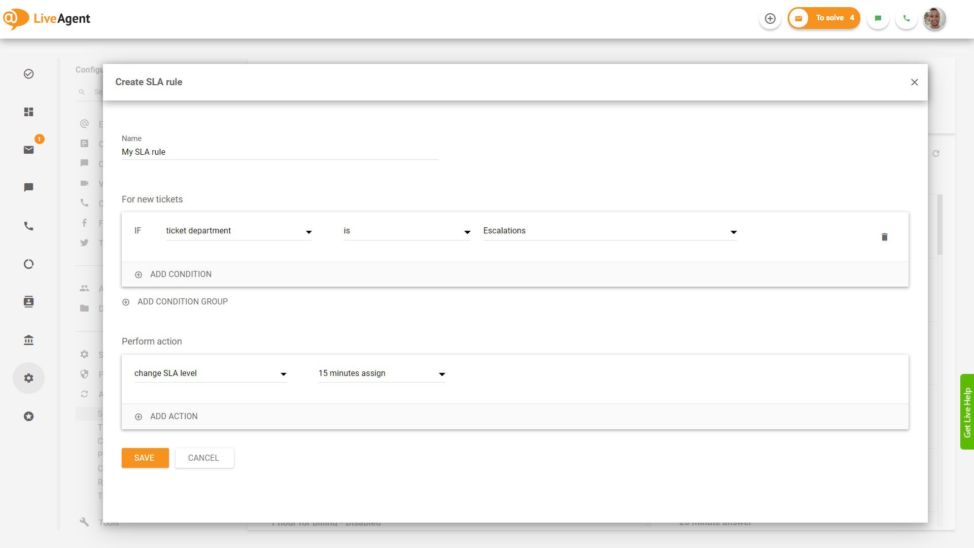 SLA-Regelerstellung in LiveAgent