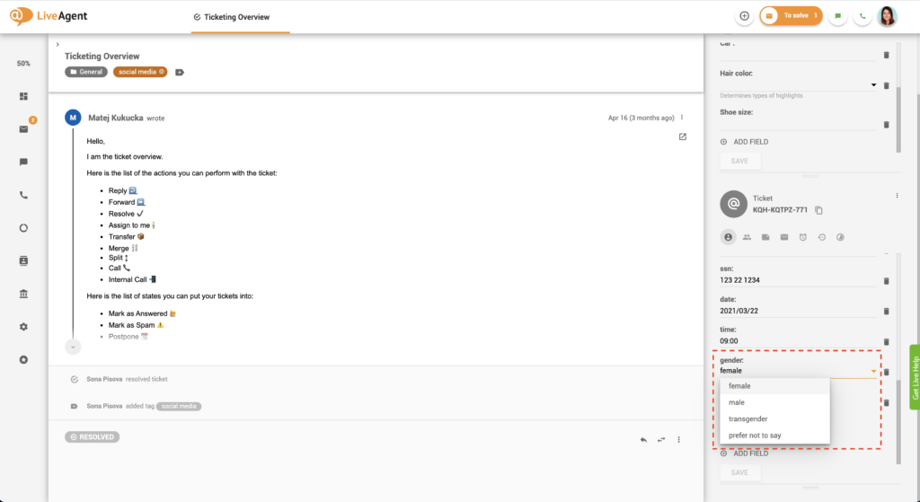 Beispiel für Ticket-Felder-Listenfeld