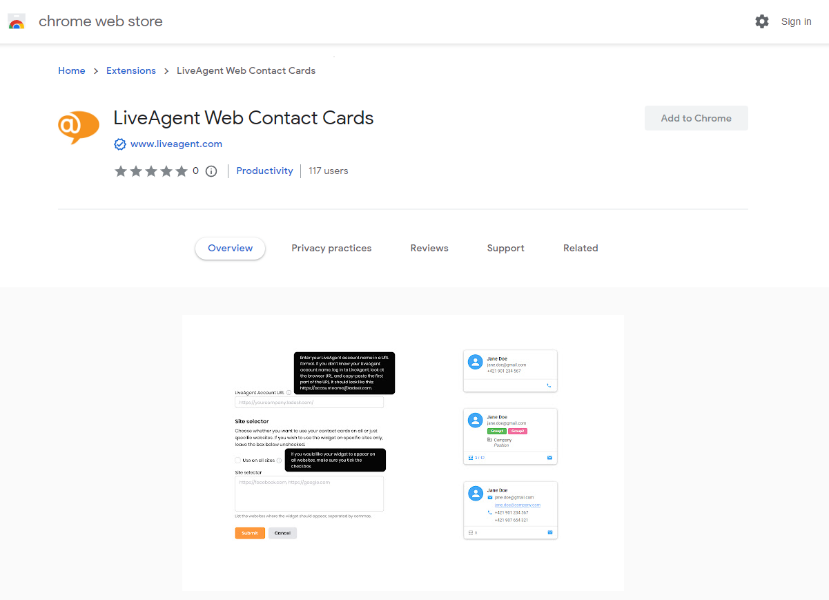 Web Contact Cards-Erweiterung im Chrome-Browser