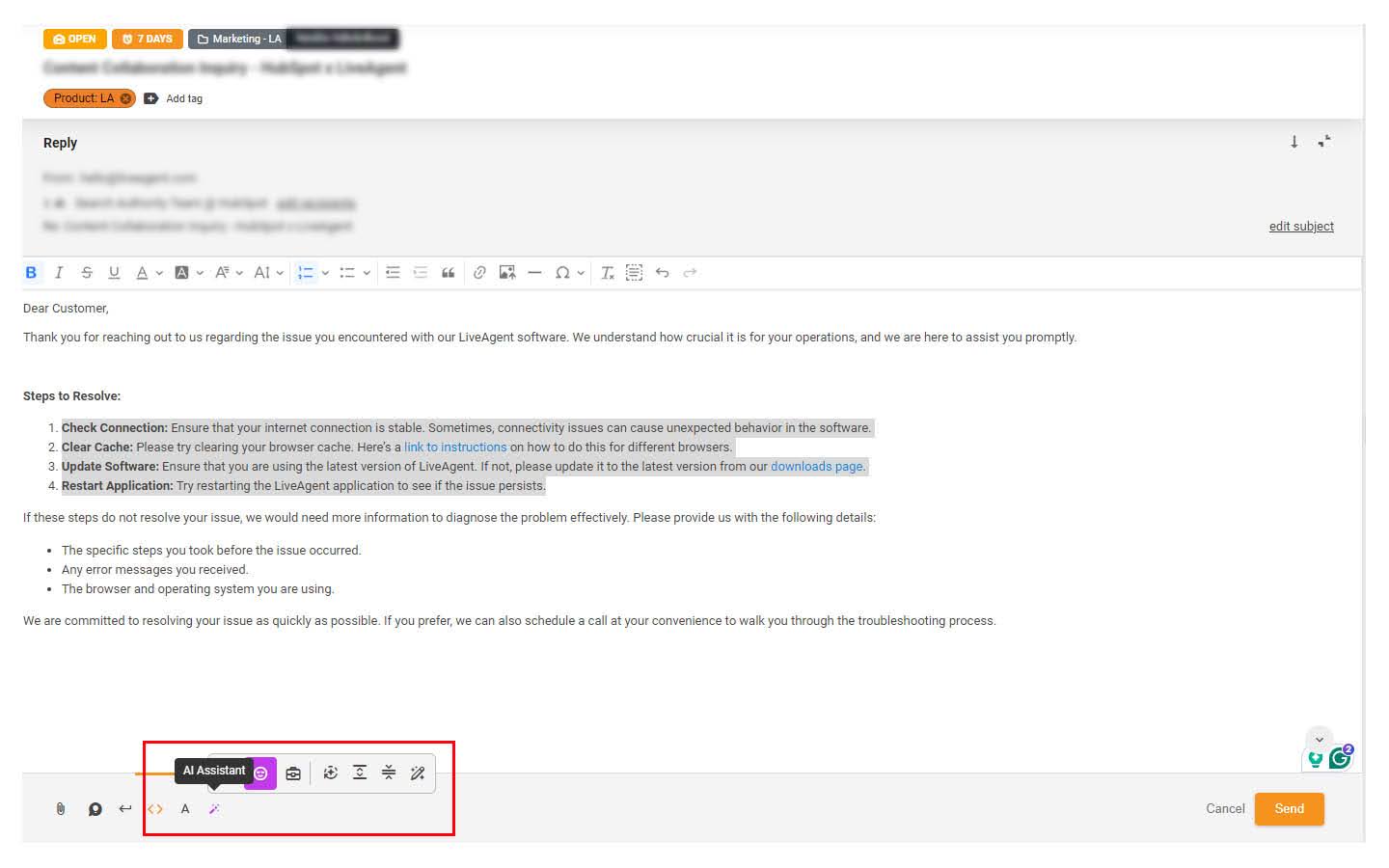 LiveAgent KI-Assistent hilft bei der Beantwortung eines Tickets