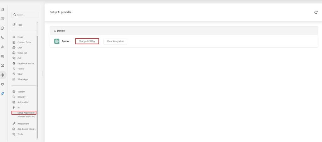 Bild, das die KI-Anbieter-Einstellungen in LiveAgent anzeigt.
