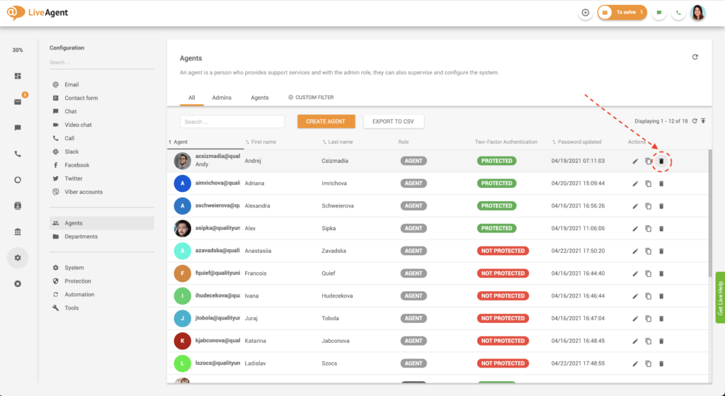Schaltfläche Agent löschen