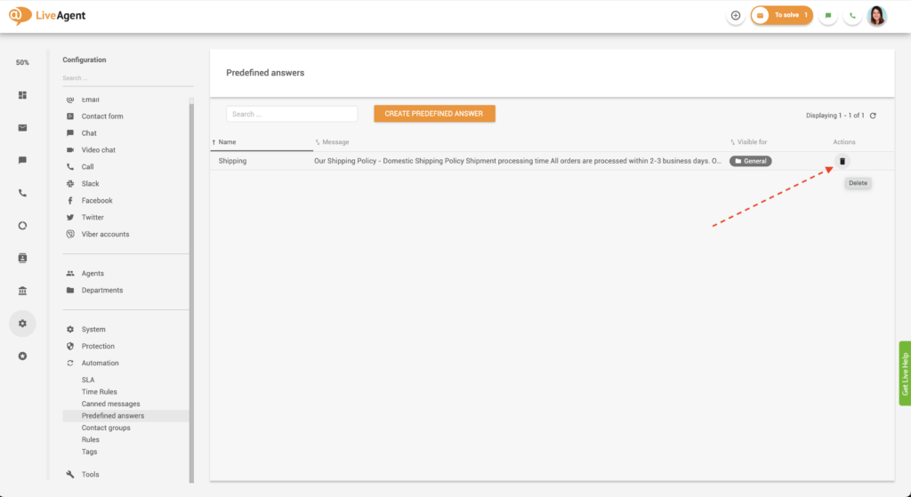 Löschen vordefinierter Antworten in LiveAgent