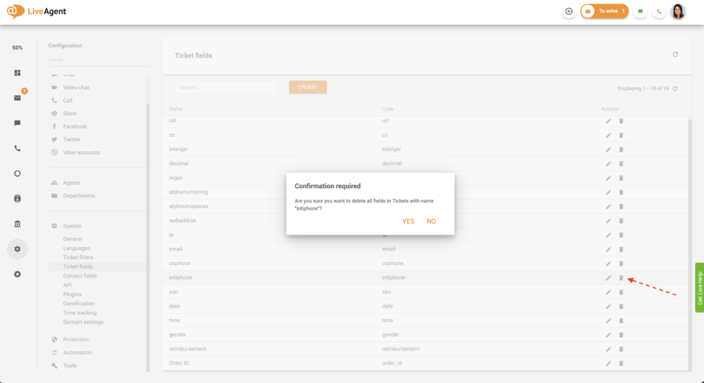Löschen eines Ticket-Feldes