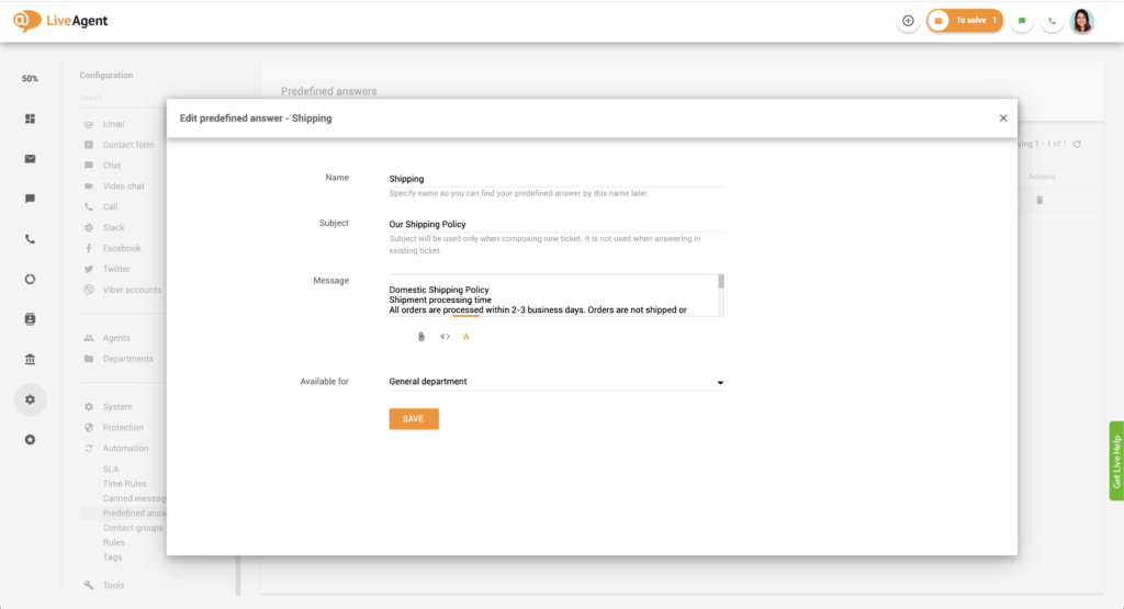 Bearbeitung vordefinierter Antworten in LiveAgent