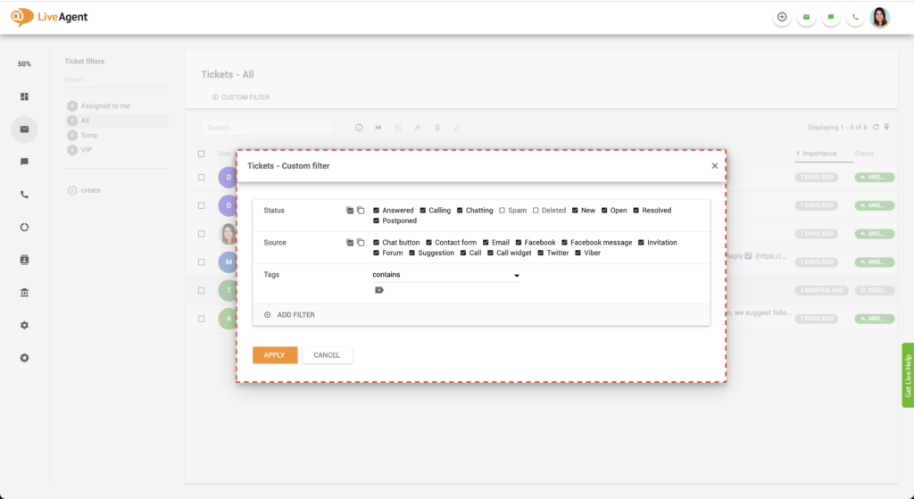 LiveAgent Filter auswählen