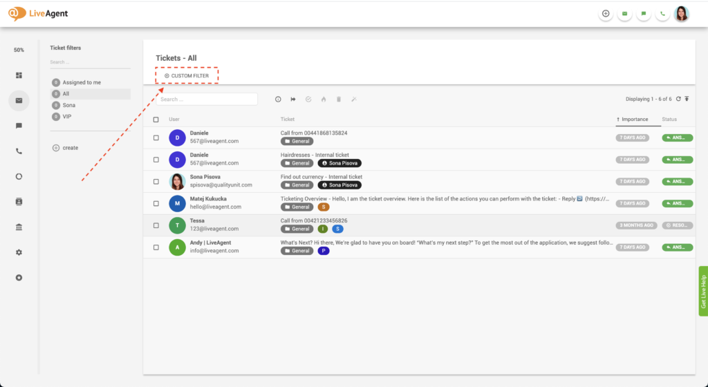 LiveAgent benutzerdefinierter Filter