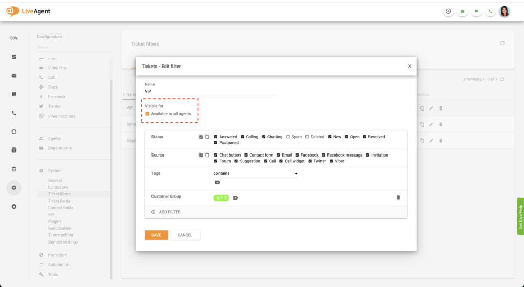 LiveAgent globalen Filter bearbeiten