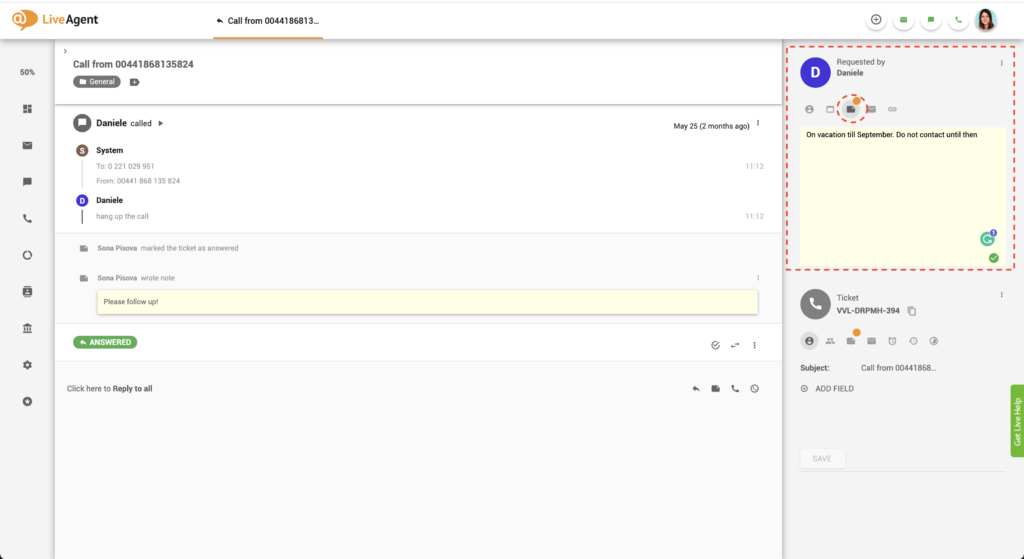 Liveagent-Kundennotiz