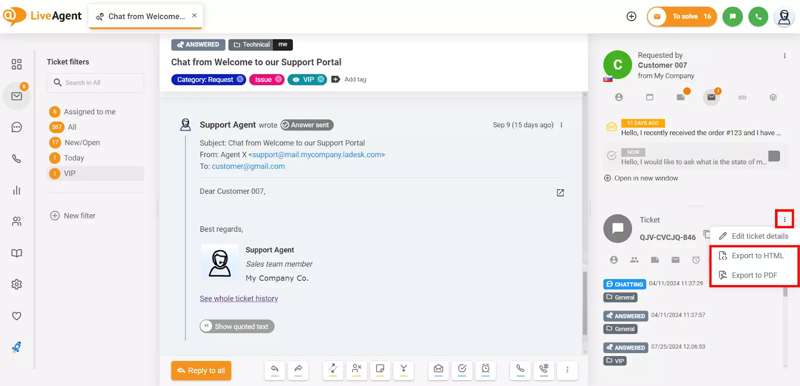 Liveagent ticket details-export ticket