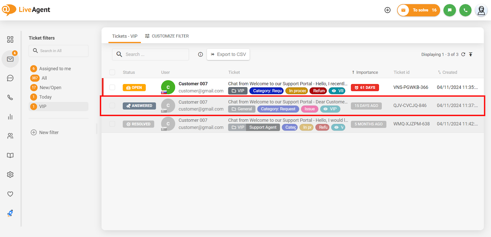 LiveAgent interface showing the steps to export a conversation log