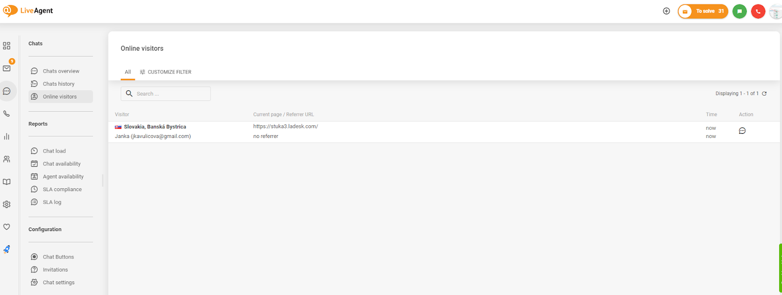 Screenshot von Website Visitor Tracking in LiveAgent