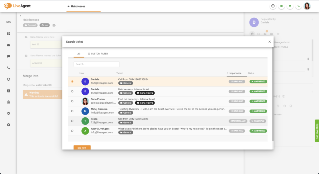 Select ticket to merge