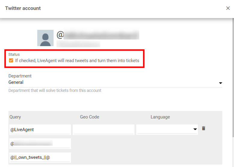 Kontrollkästchen Status für Twitter aktivieren