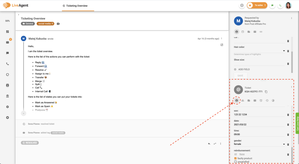 Ticket-Felder in der Ticket-Ansicht