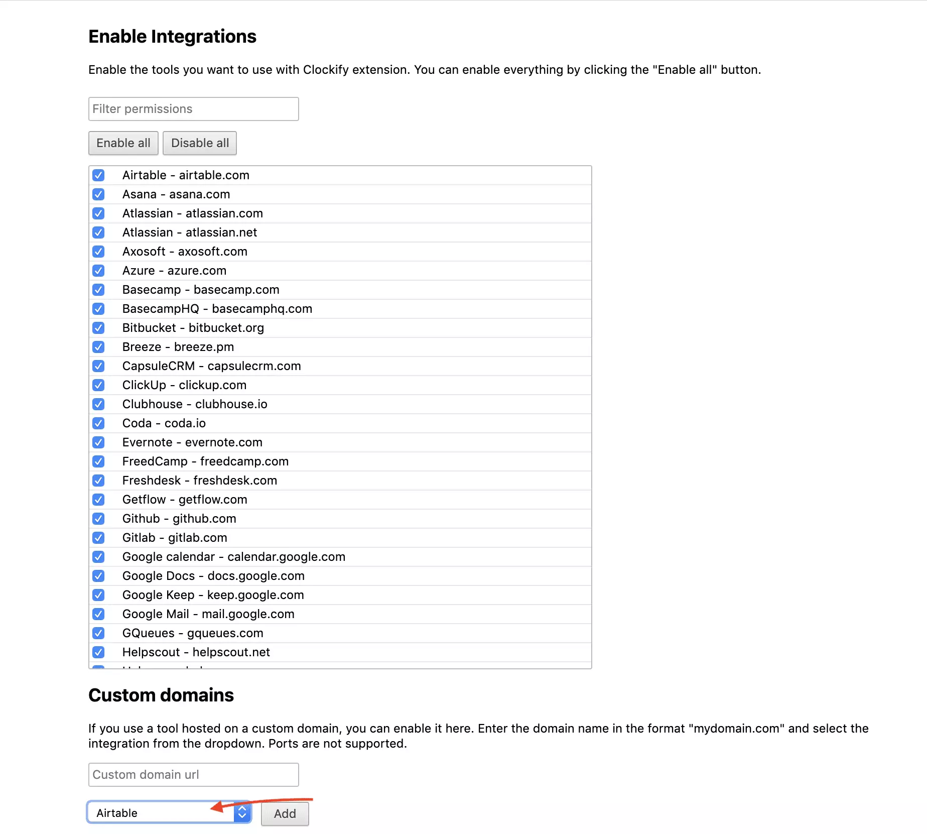Clockify-Integrationsauswahl
