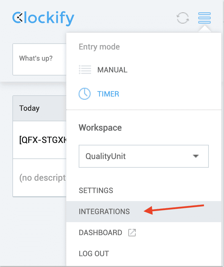 Clockify-Integrationsmenü