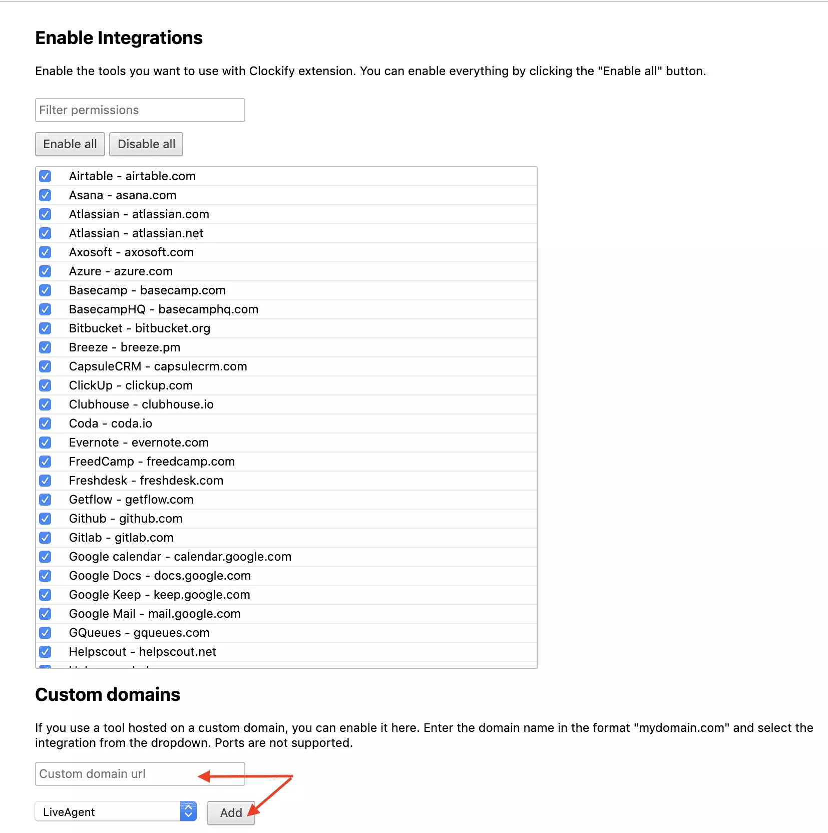 Clockify-Domain-Konfiguration