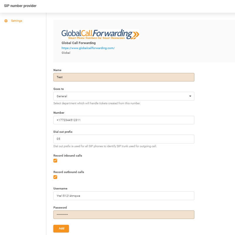 Global Call Forwarding-Anmeldedaten