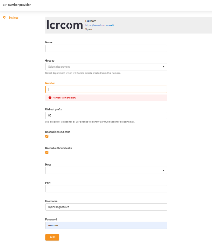 LCRcom credentials input in LiveAgent