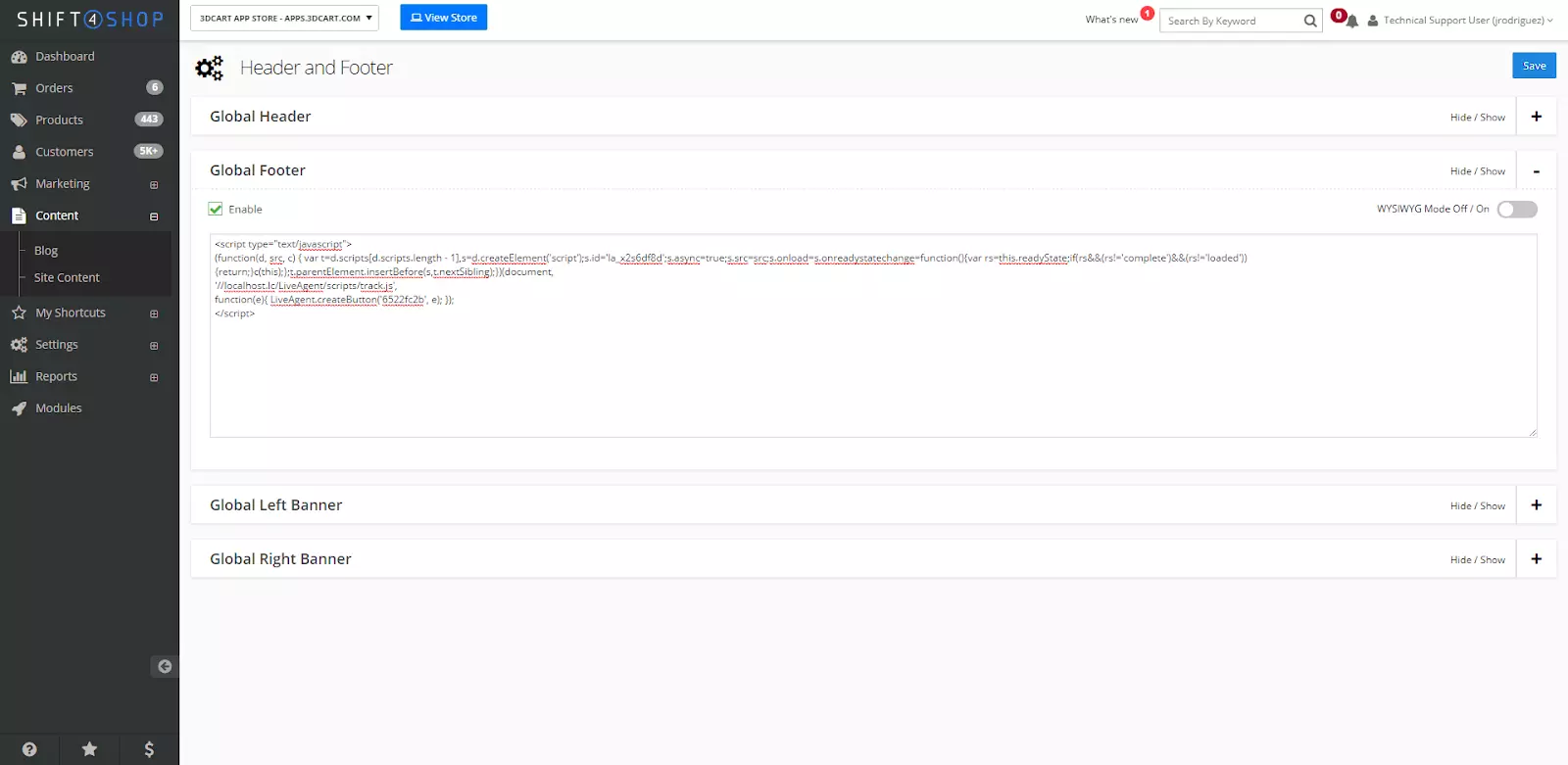 Shift4Shop settings with code customization option