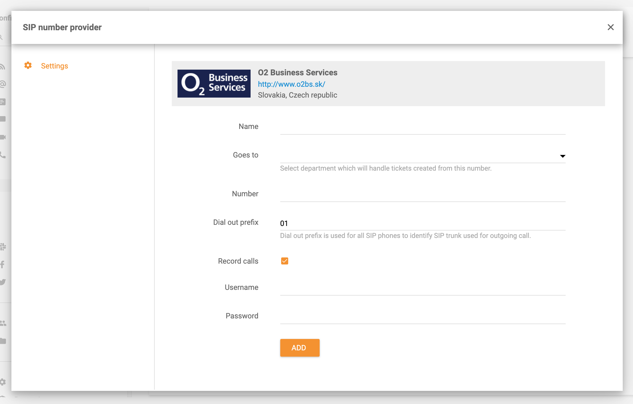 O2 Business Services integration in LiveAgent