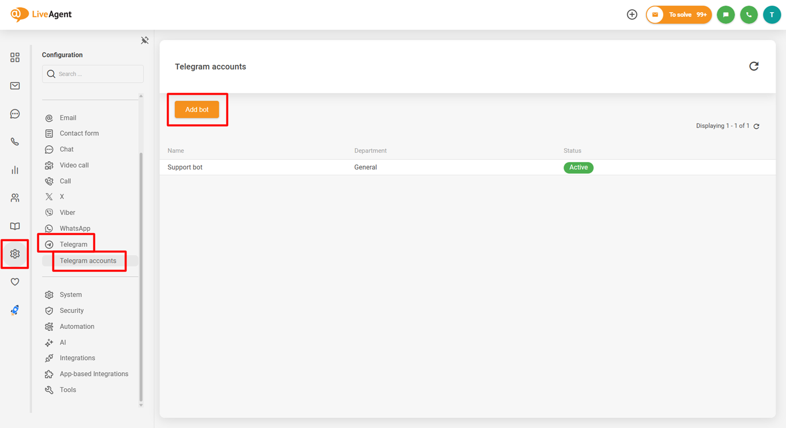 Screenshot des LiveAgent Telegram-Integrations-Konfigurationspanels mit der Schaltfläche Bot hinzufügen