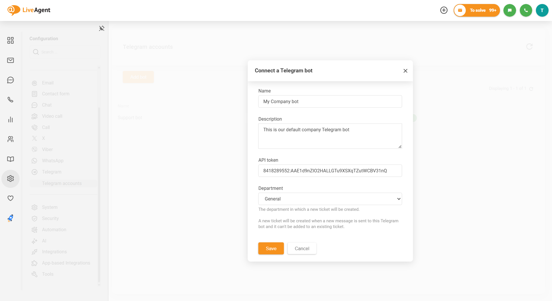 Screenshot der LiveAgent Telegram-Integration, wie man einen Bot verbindet