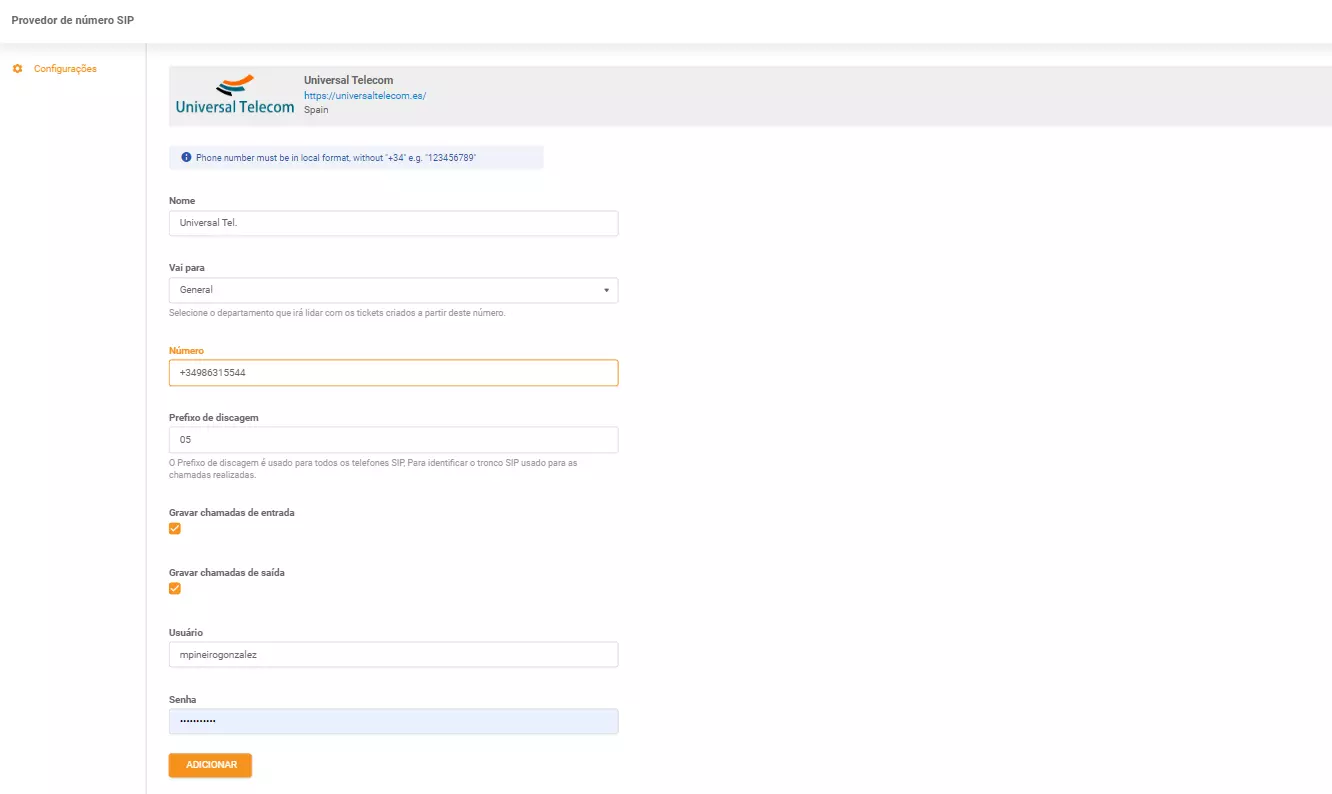 Universal Telecom credentials