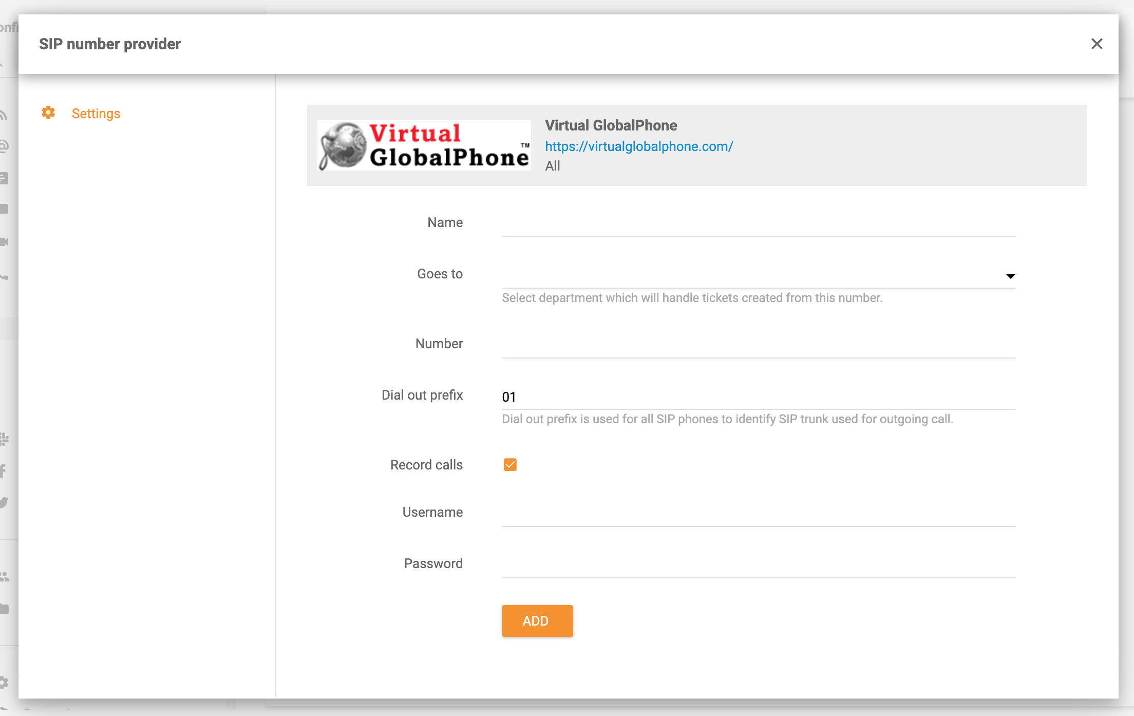 Virtual Global Phone-Integration in LiveAgent