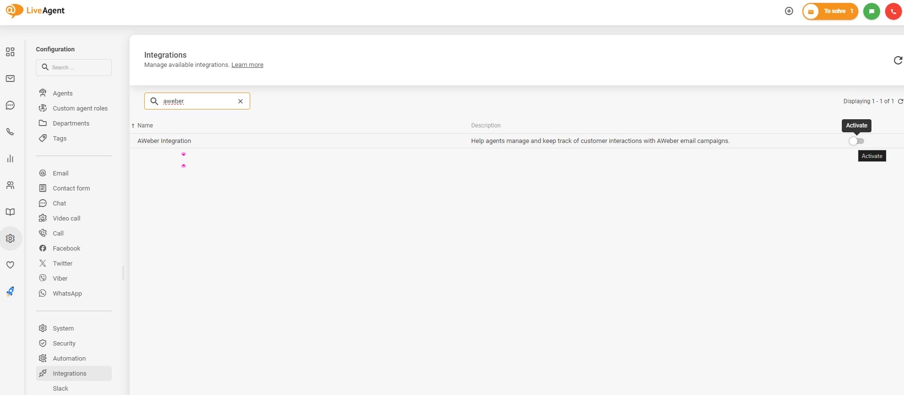 AWeber-Integration in LiveAgent aktivieren