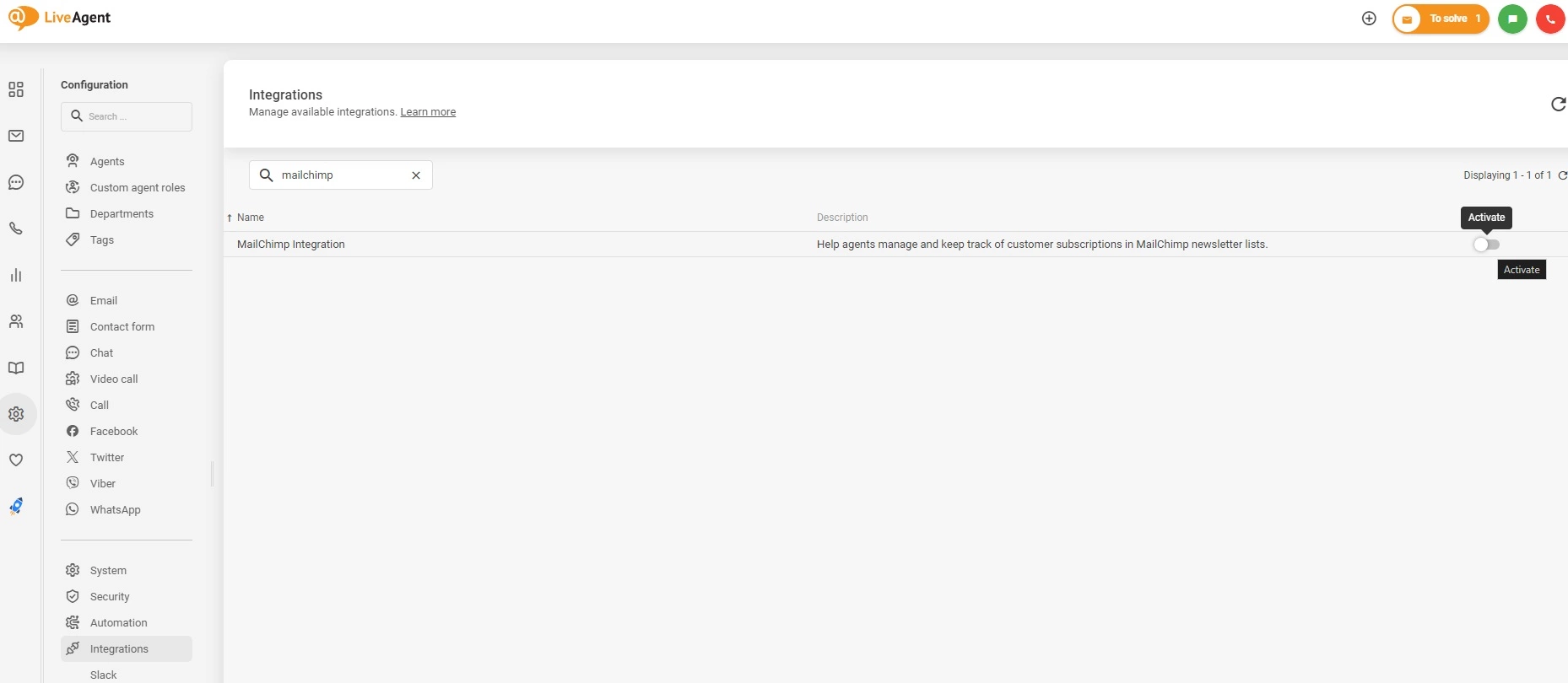 Mailchimp-Integration in LiveAgent aktivieren