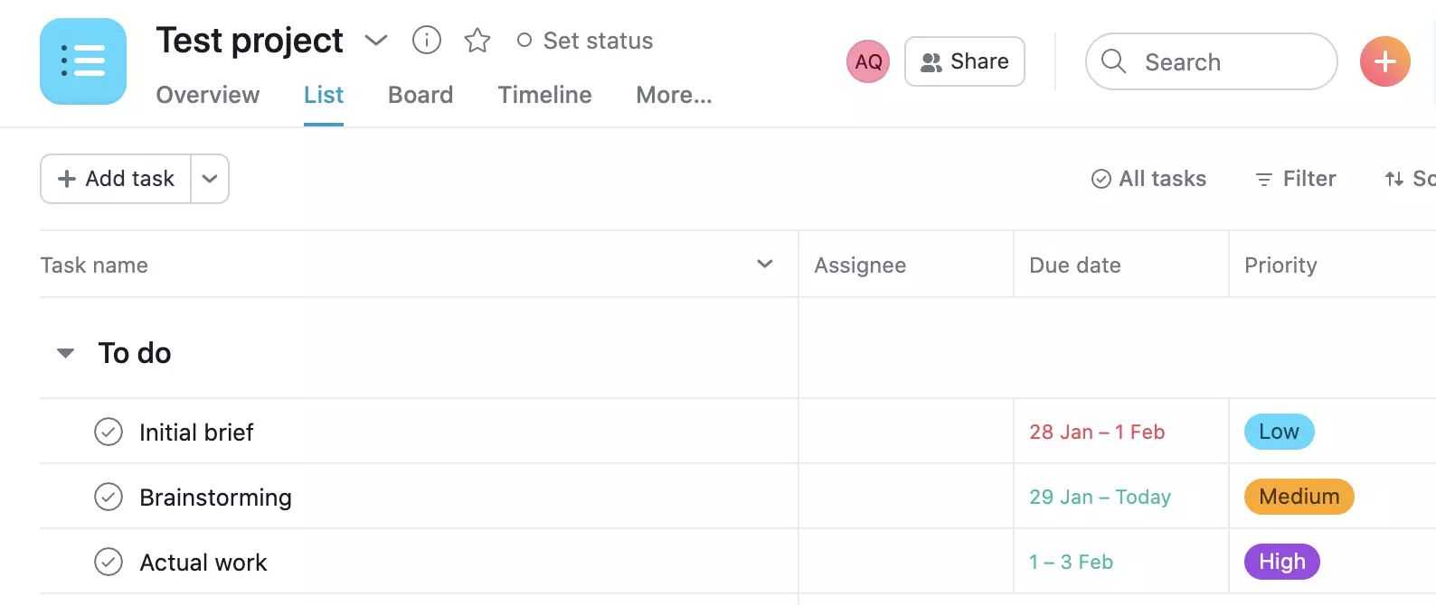 Asana-Projektbeispiel