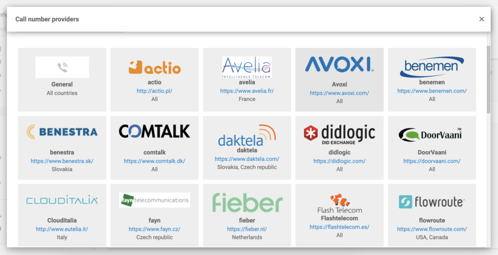 Avoxi in der Liste der VoIP-Anbieter in der LiveAgent-Konfiguration