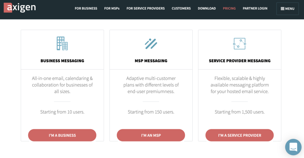 Axigen-Website mit Preisplänen