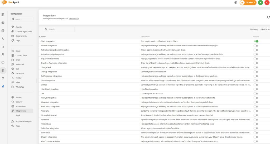 Integrationen in LiveAgent aktivieren