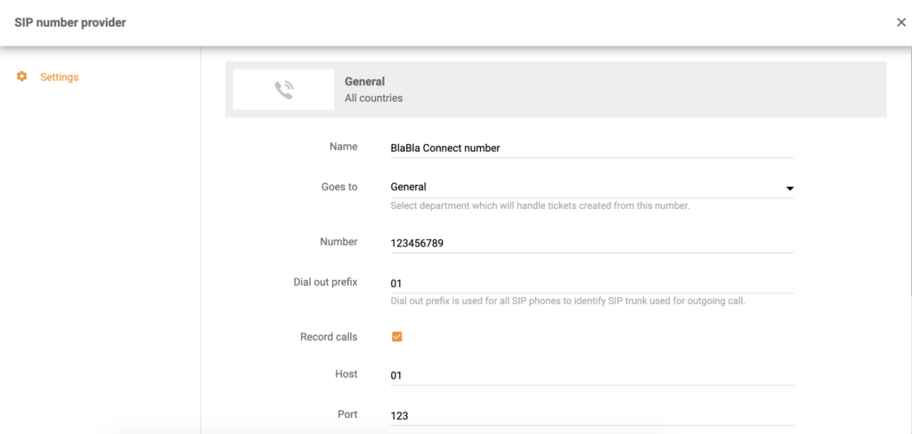 BlaBla Connect Integrationseinrichtung in der LiveAgent-Anrufkonfiguration